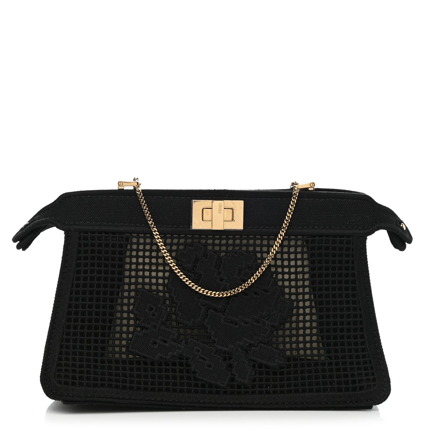 Canvas Floral Embroidered Small Peekaboo I SEE U East West Chain Satchel Black