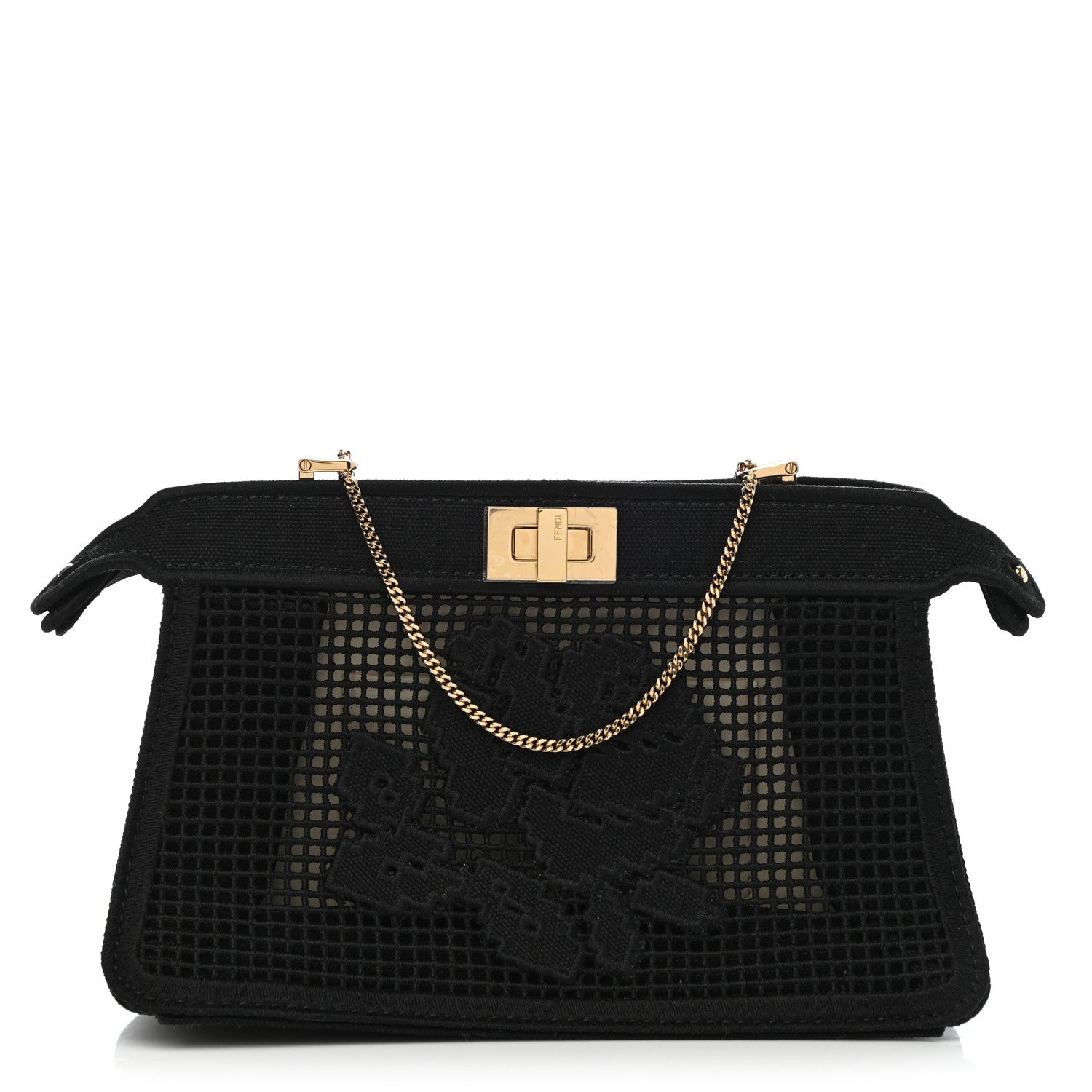 Fendi Canvas Floral Embroidered Small Peekaboo I SEE U East West Chain Satchel Black 1 of 9