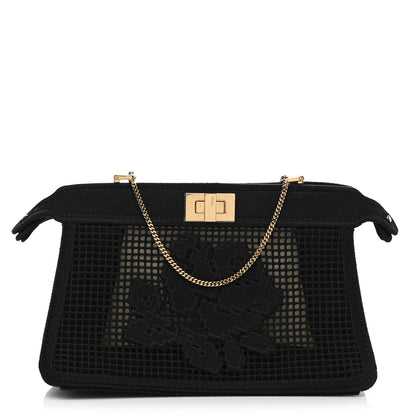 Fendi Canvas Floral Embroidered Small Peekaboo I SEE U East West Chain Satchel Black 1 of 9