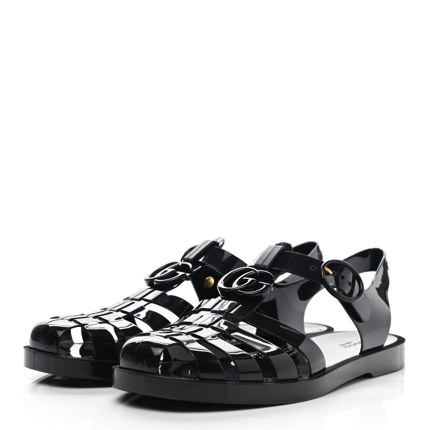 Shiny Rubber Double G Buckle Strap Sandals 40 Black