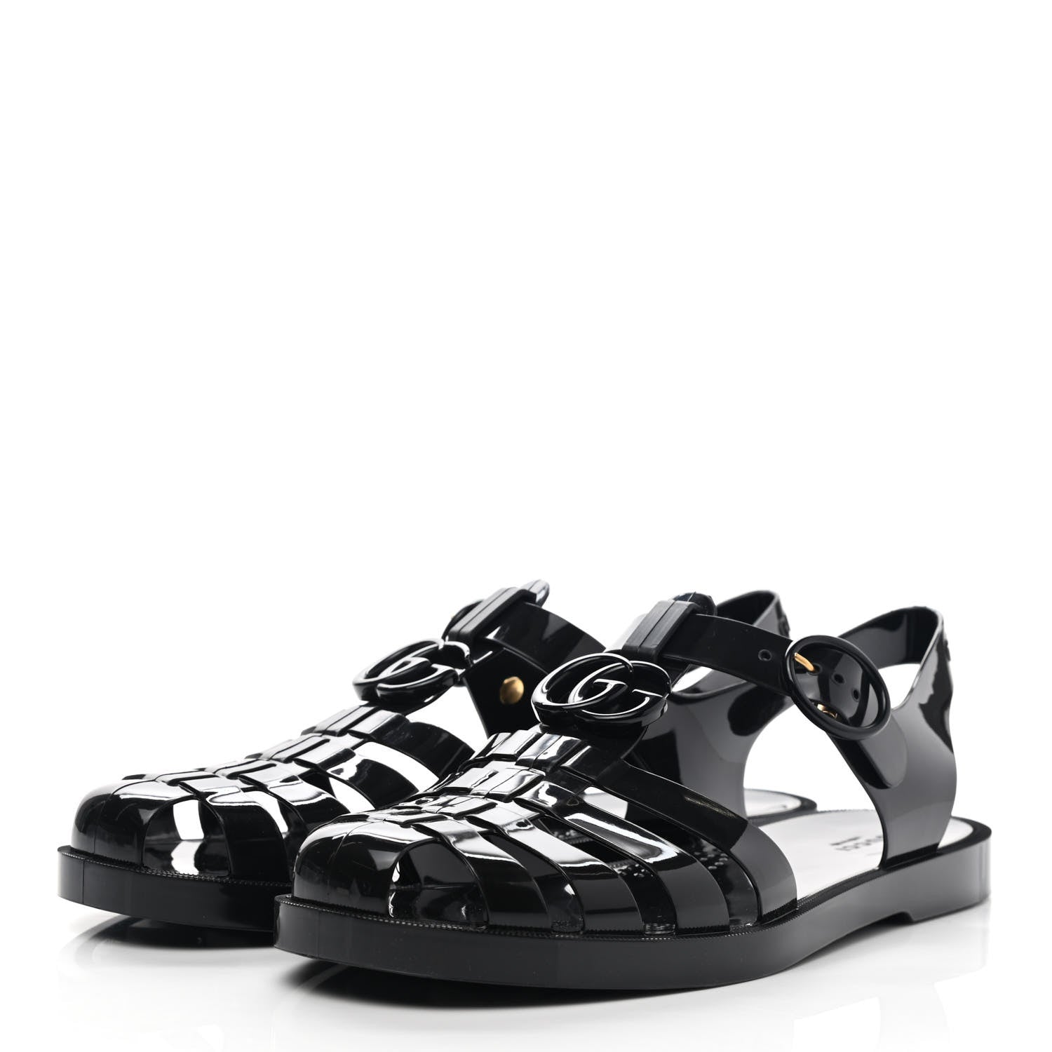 Gucci Shiny Rubber Double G Buckle Strap Sandals 40 Black 6 of 16
