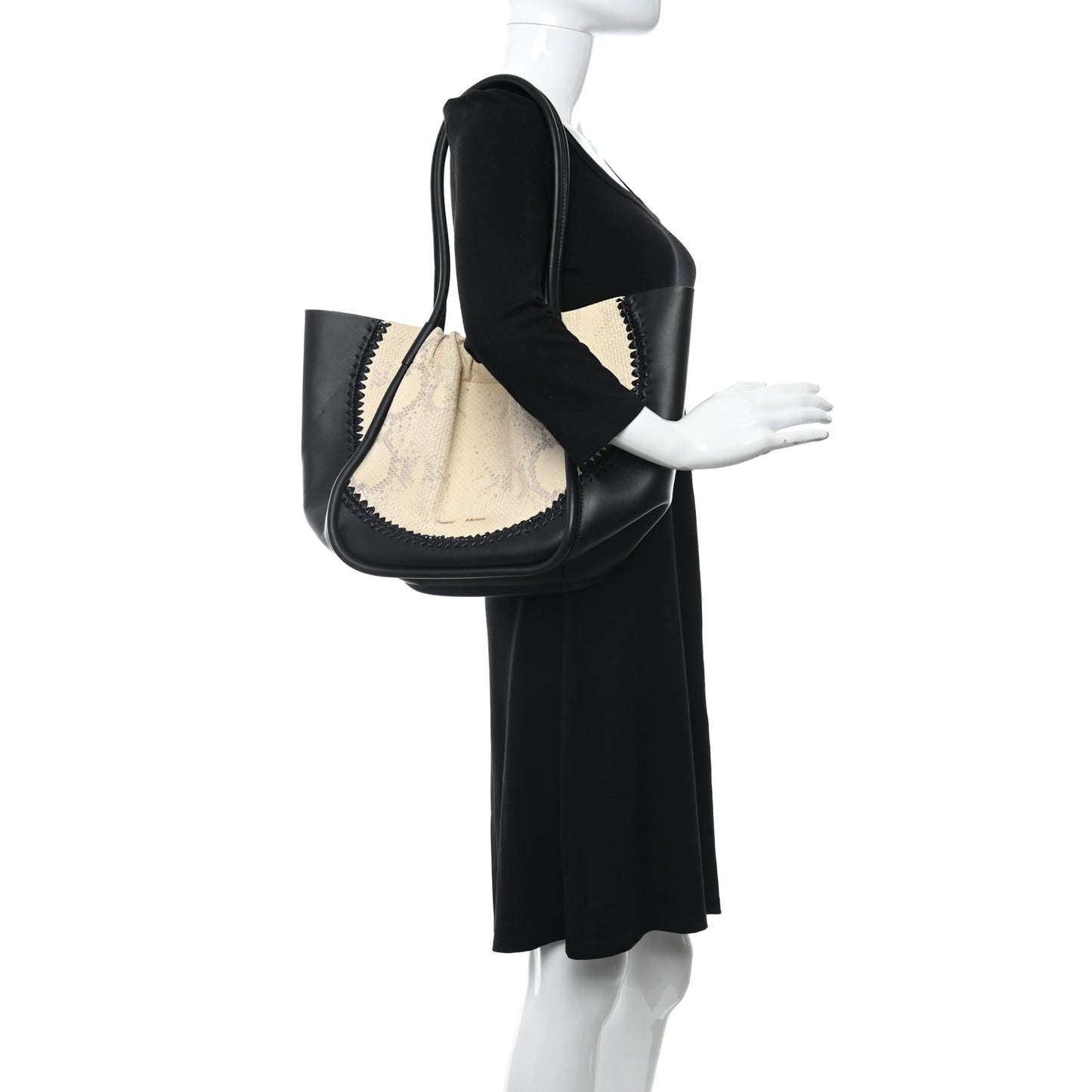 Calfskin Snakeskin Embossed Large Ruched Tote Beige Black