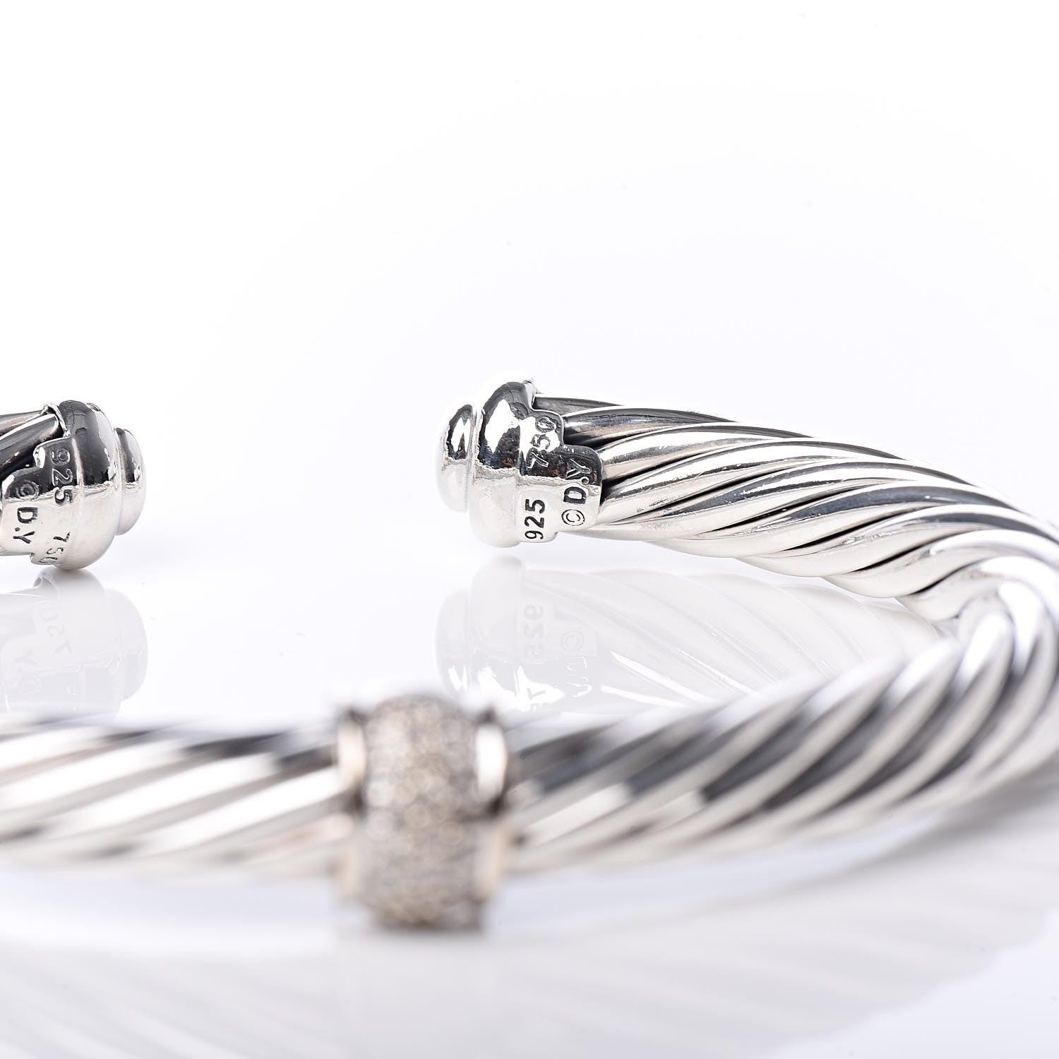 David Yurman Sterling Silver 18K White Gold Diamond 7mm Cable Classics Station Bracelet 4 of 6