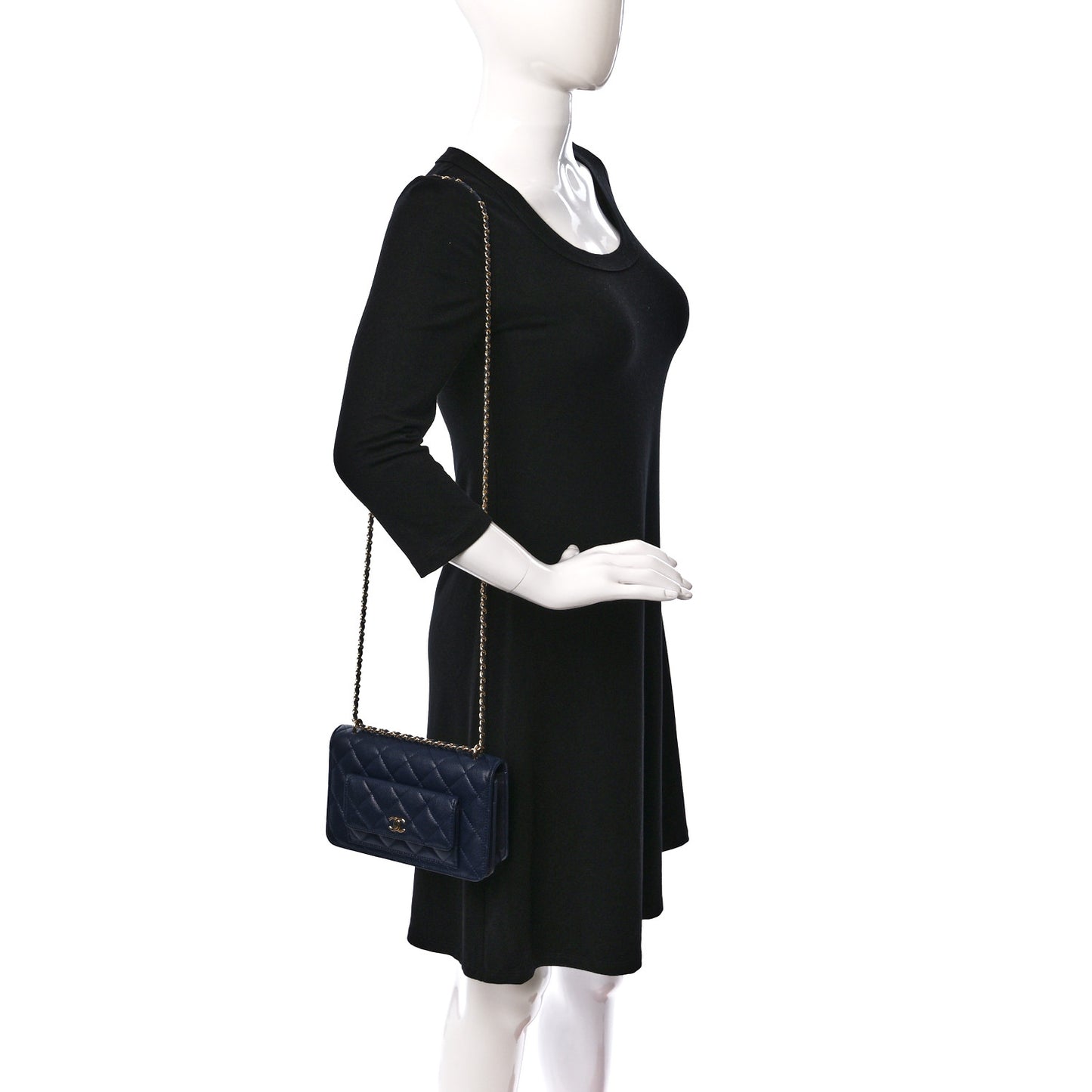Caviar Quilted Pocket Clutch With Chain WOC Navy Blue