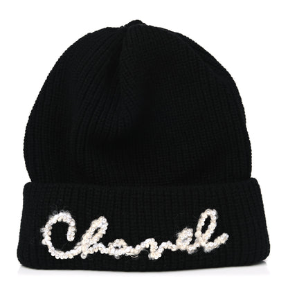 Chanel Cashmere Logo Beanie Hat Black White 1 of 3