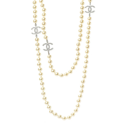 Chanel Graduated Pearl CC Long Necklace Silver 1 of 5