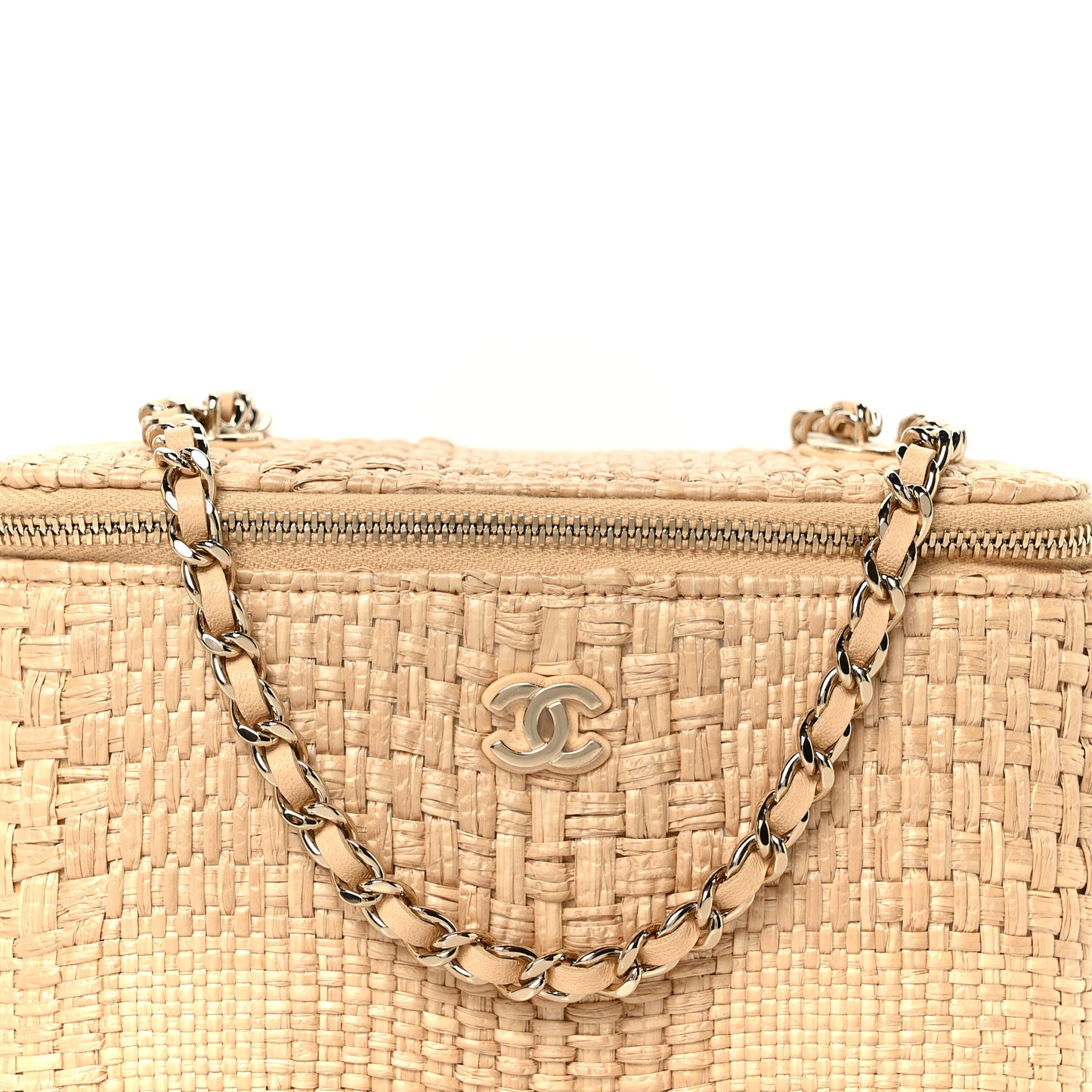 Braided Raffia Quilted Top Handle Slim Vanity Case With Chain Beige