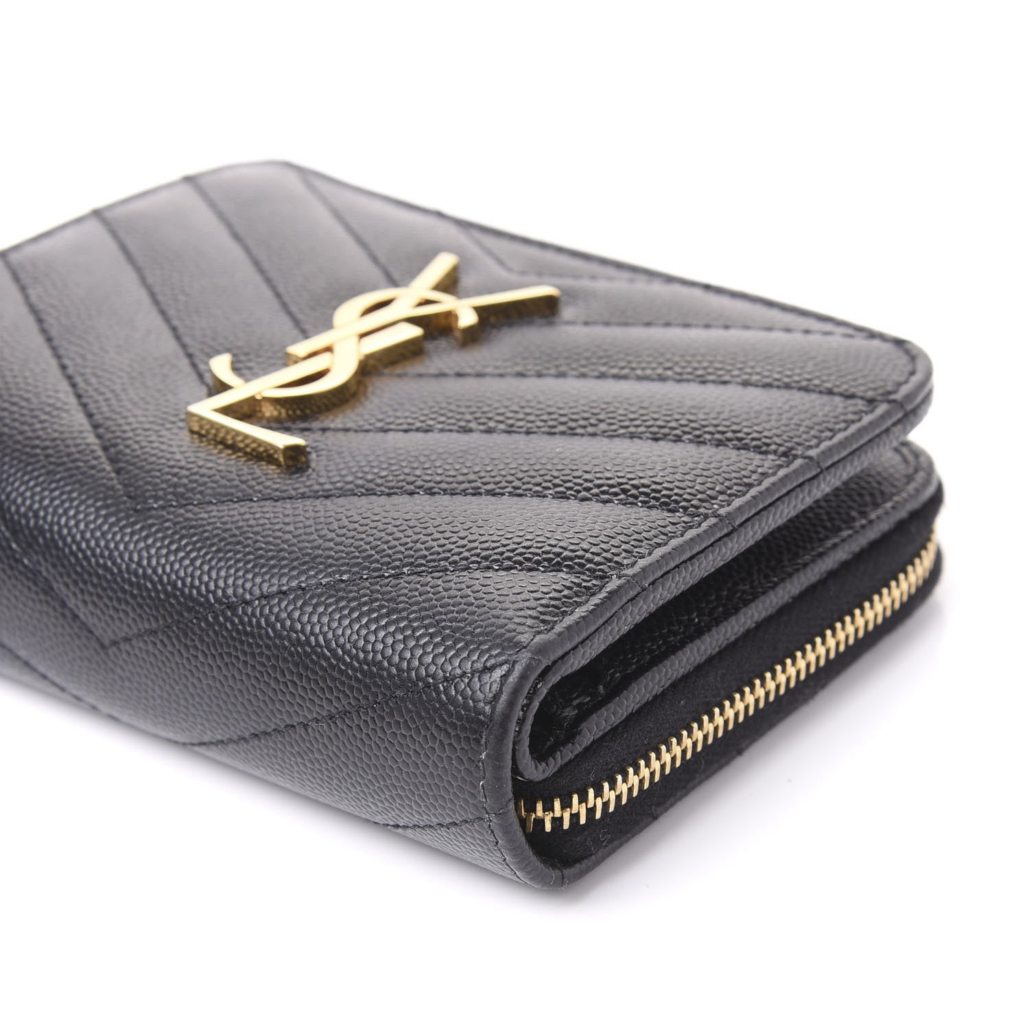Saint Laurent Grain De Poudre Matelasse Chevron Monogram Compact Zip Around Wallet Black 7 of 11