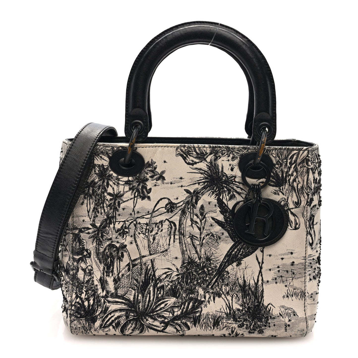 Calfskin Toile de Jouy Carnivora Medium Lady Dior White Black