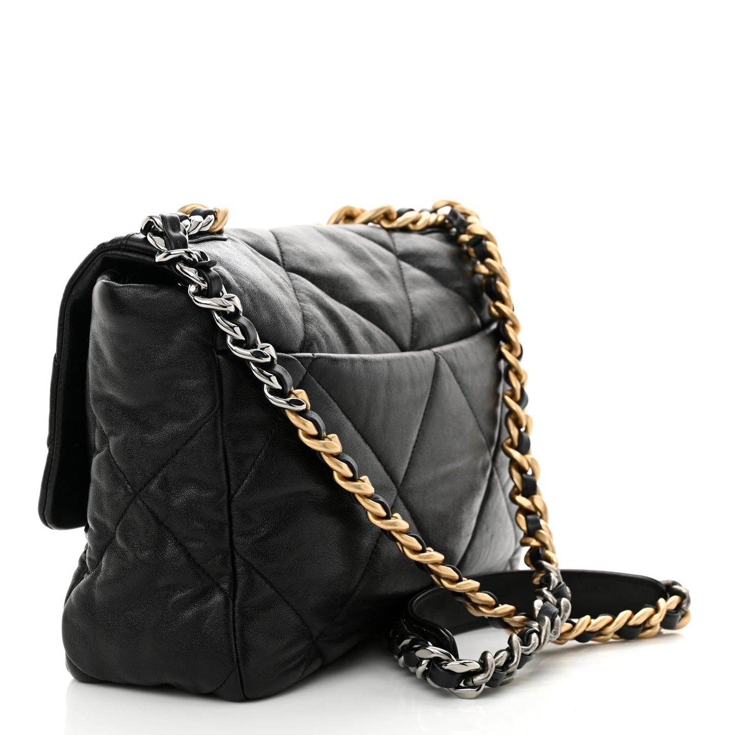 Shiny Goatskin Quilted Large Chanel 19 Flap Black