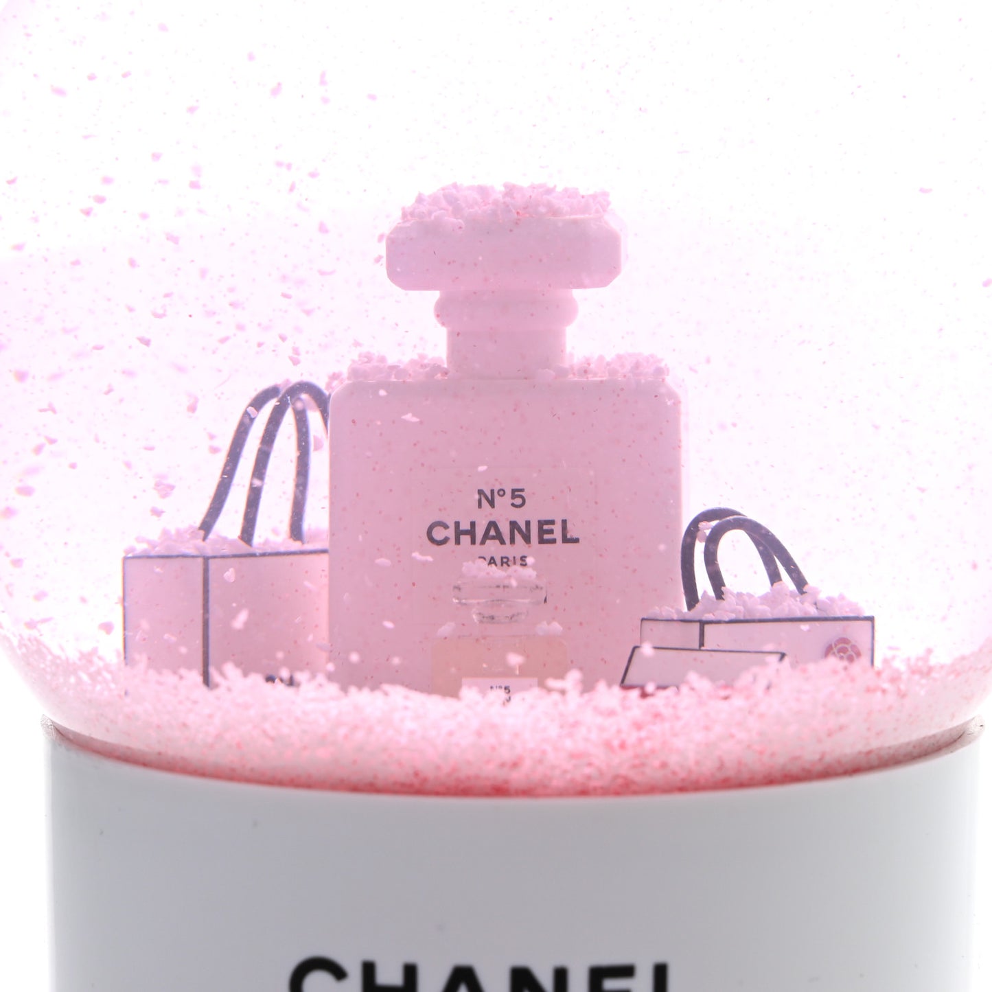 Glass N°5 Perfume Bottle Snow Globe Pink