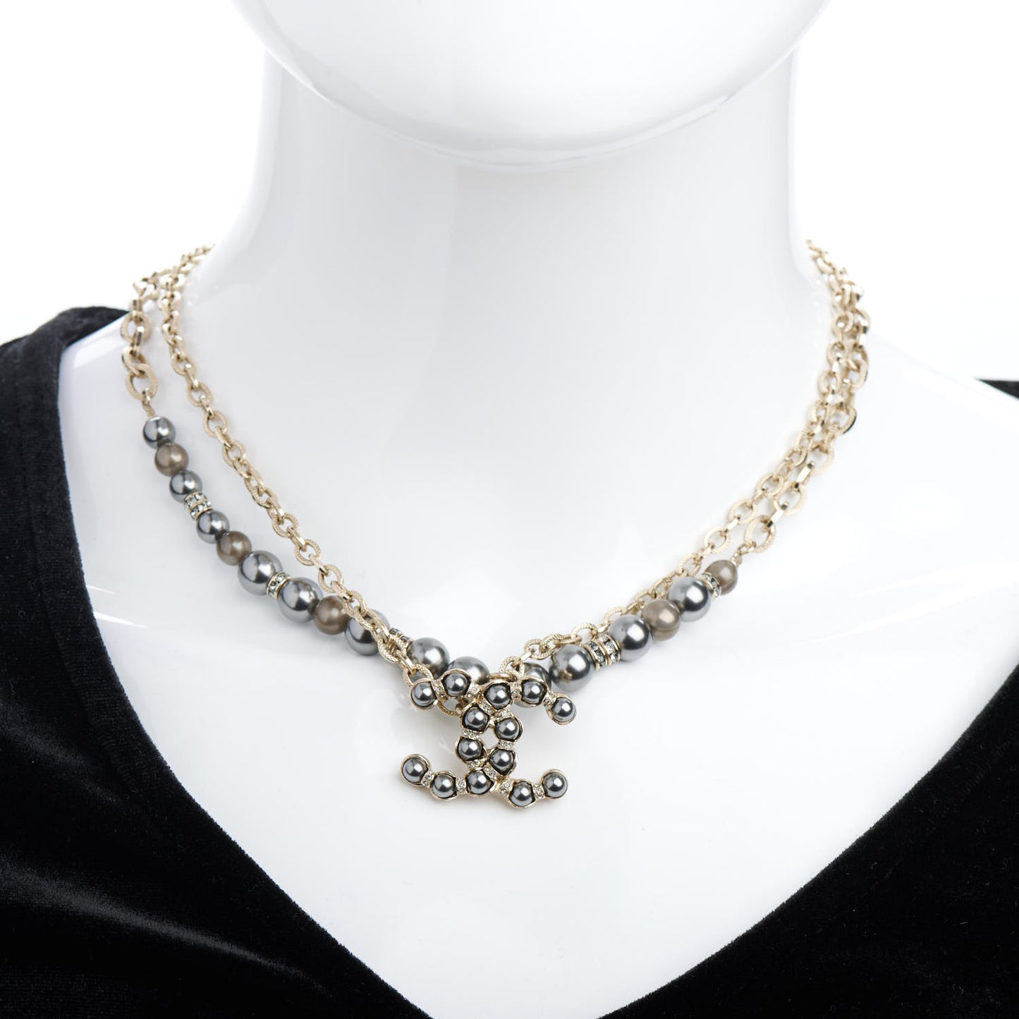 Pearl Crystal CC Short Necklace Gold Dark Grey
