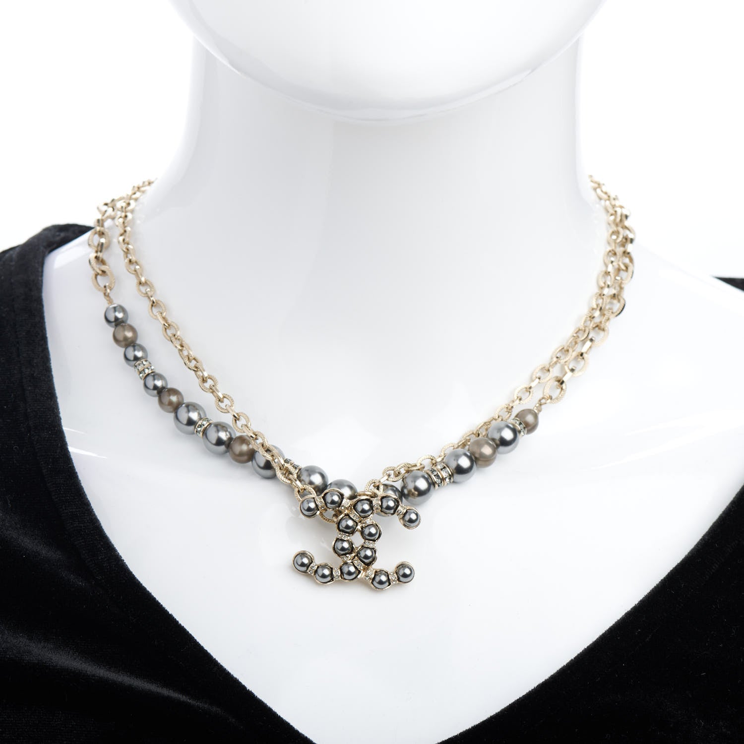 Chanel Pearl Crystal CC Short Necklace Gold Dark Grey 2 of 4