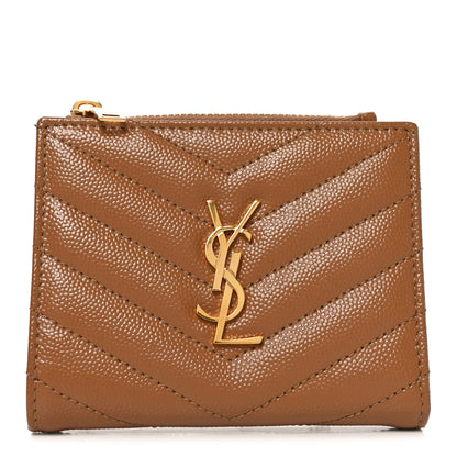 Saint Laurent Grain De Poudre Matelasse Chevron Monogram Zipped Card Case Natural Dark 1 of 8