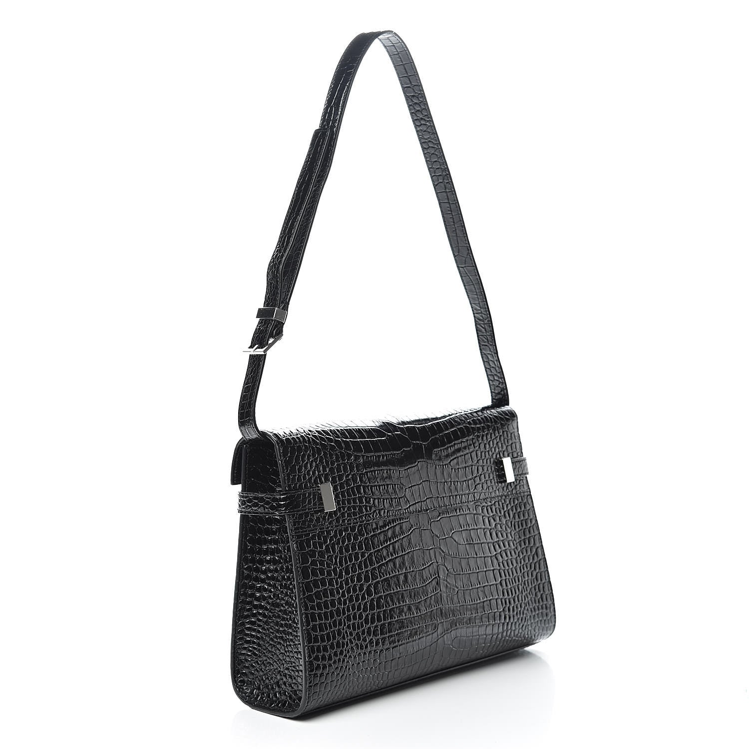 Saint Laurent Shiny Calfskin Crocodile Embossed Manhattan Baguette Black 3 of 9