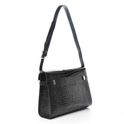 Saint Laurent Shiny Calfskin Crocodile Embossed Manhattan Baguette Black 3 of 9