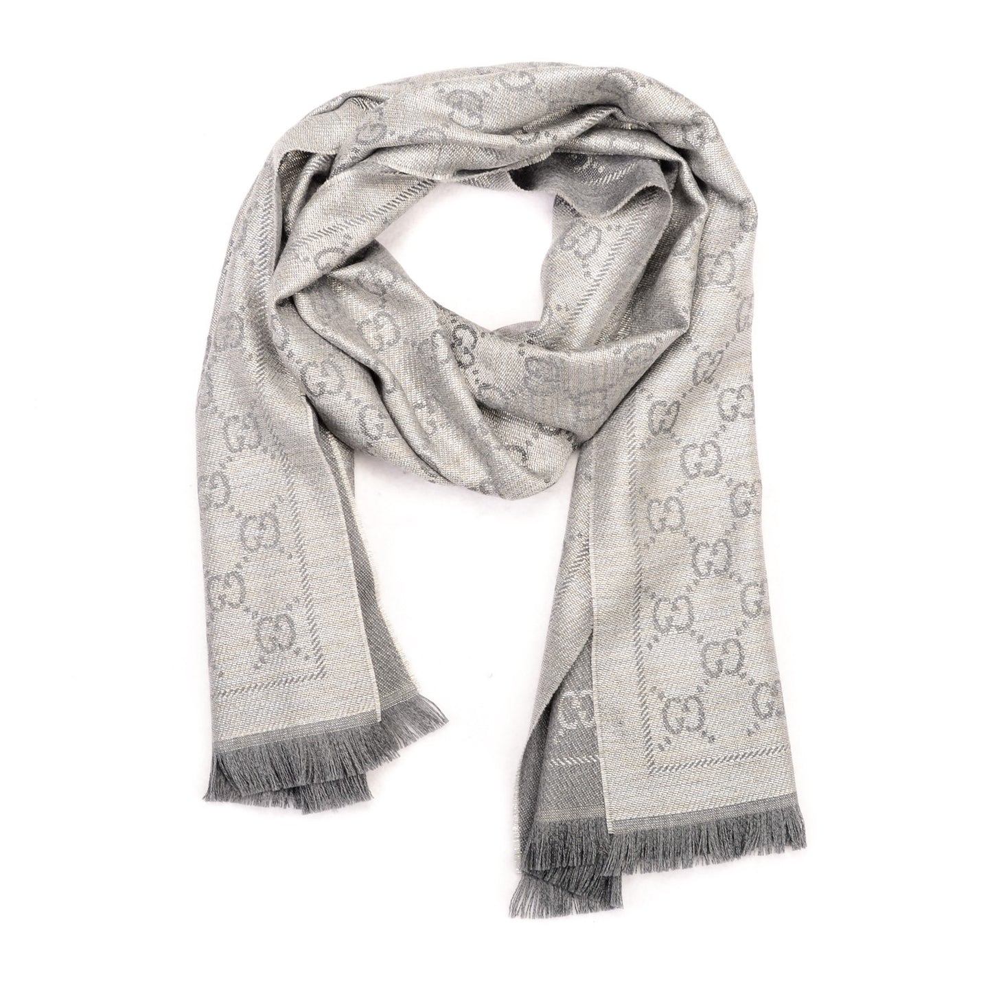 Wool Jacquard Monogram Fringe Scarf Grey