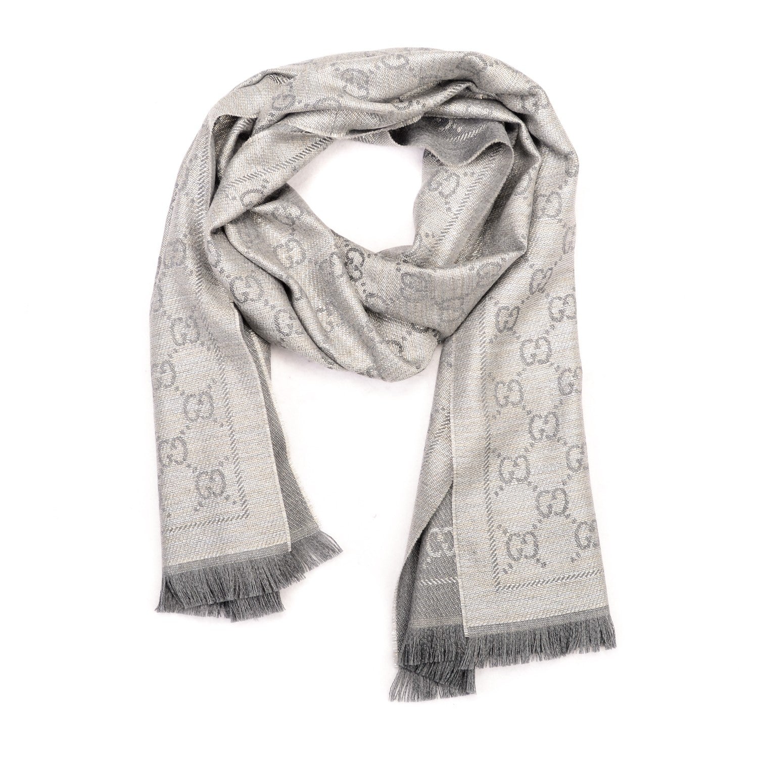 Gucci Wool Jacquard Monogram Fringe Scarf Grey 1 of 5
