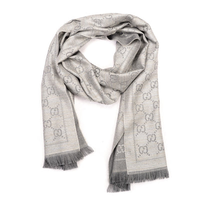 Gucci Wool Jacquard Monogram Fringe Scarf Grey 1 of 5