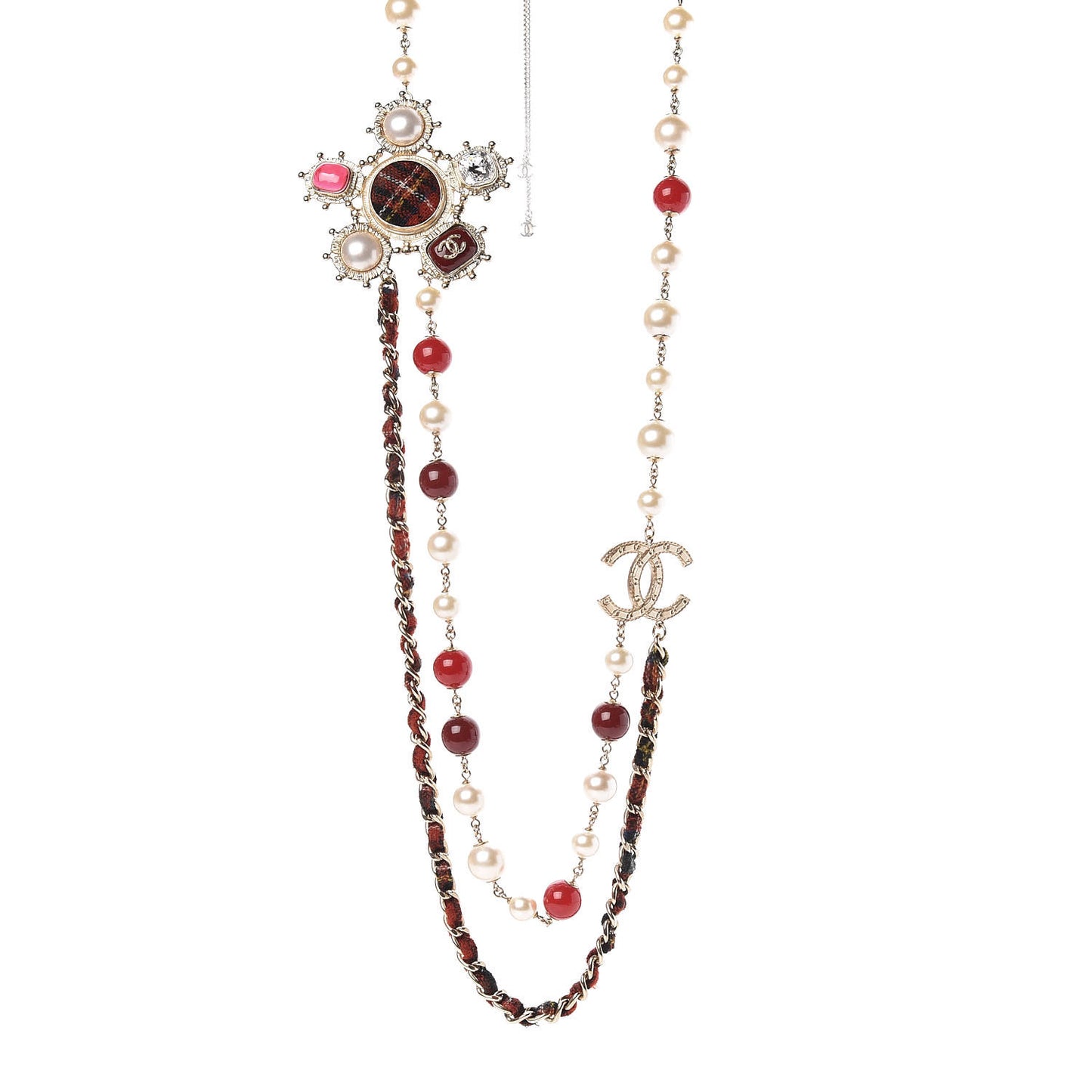 Gripoix Crystal Pearl Tweed Medallion Necklace Red Gold