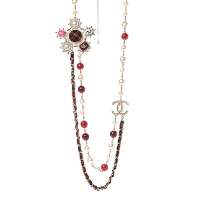 Chanel Gripoix Crystal Pearl Tweed Medallion Necklace Red Gold 1 of 6