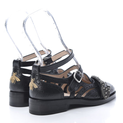 Gucci Calfskin Bee Embroidered Womens Queercore Brogue Wingtip Monk Strap Loafers 37 Black 4 of 9