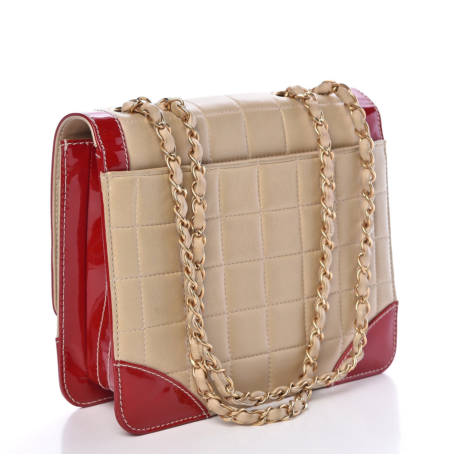 Lambskin Patent Chocolate Bar Flap Beige Red