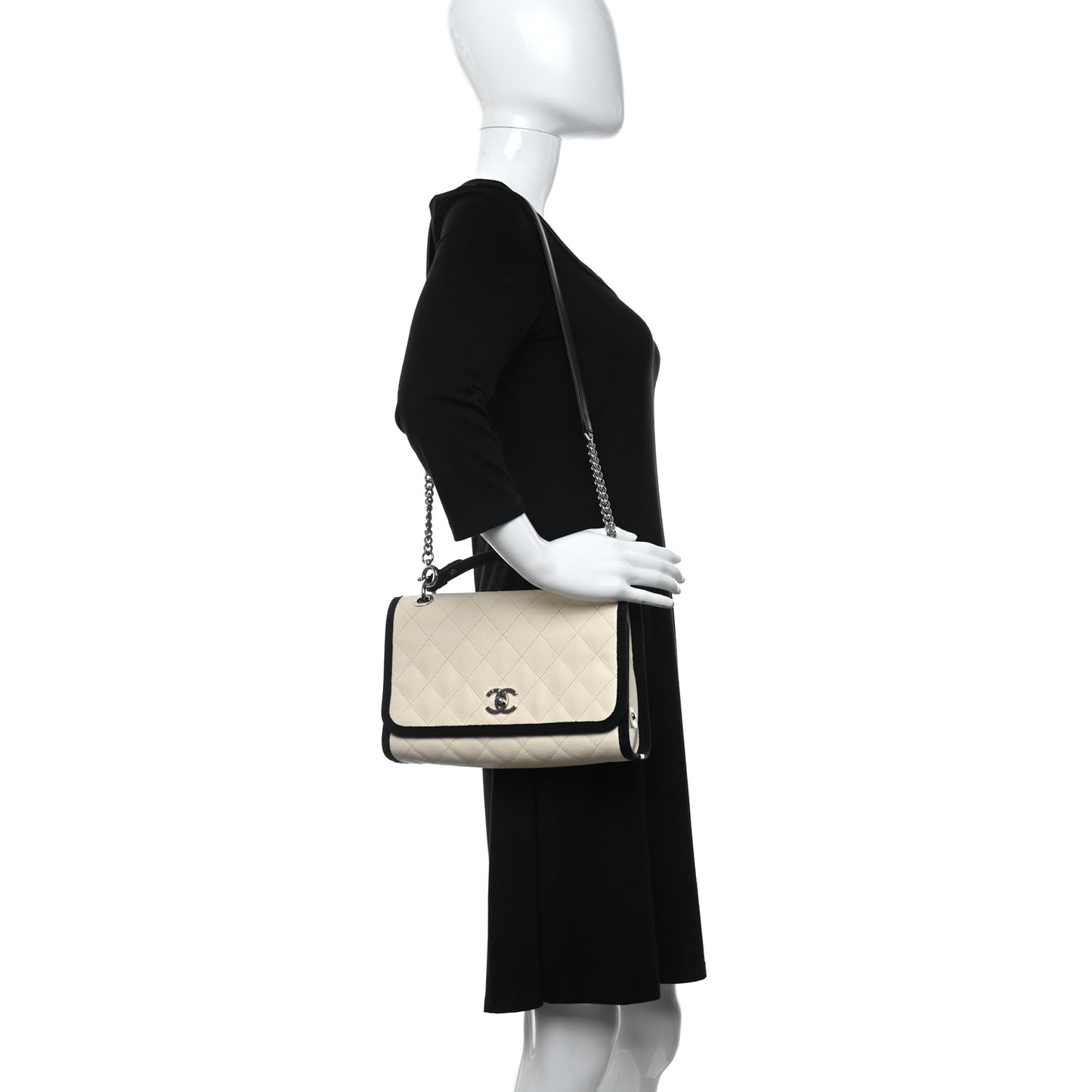 Caviar Grosgrain Quilted Top Handle CC Flap Beige Black