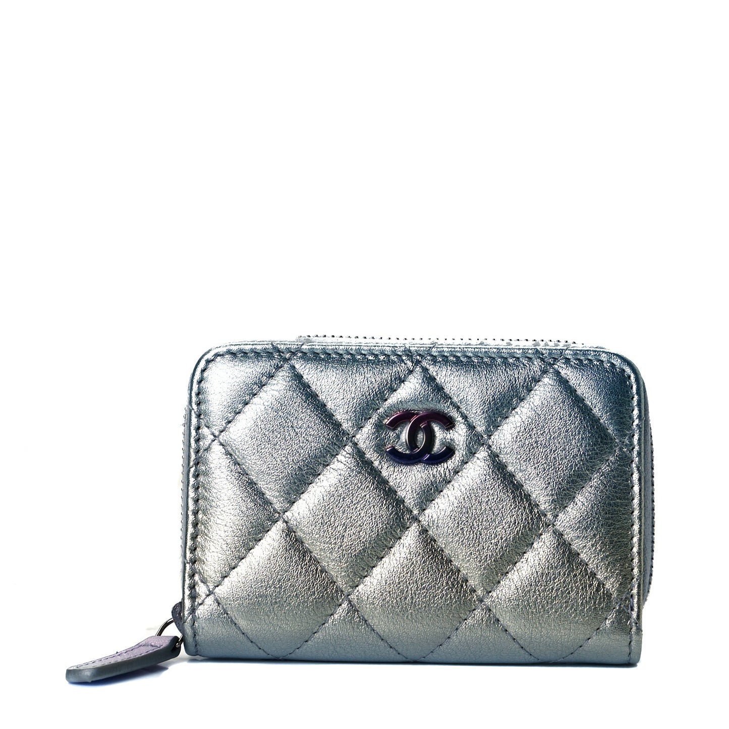 Gradient Metallic Calfskin Quilted Zip Around Coin Purse Wallet Silver Blue Yellow Purple