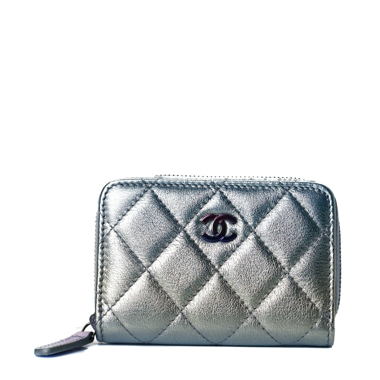Chanel Gradient Metallic Calfskin Quilted Zip Around Coin Purse Wallet Silver Blue Yellow Purple 1 of 9