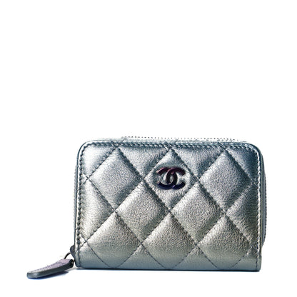 Chanel Gradient Metallic Calfskin Quilted Zip Around Coin Purse Wallet Silver Blue Yellow Purple 1 of 9