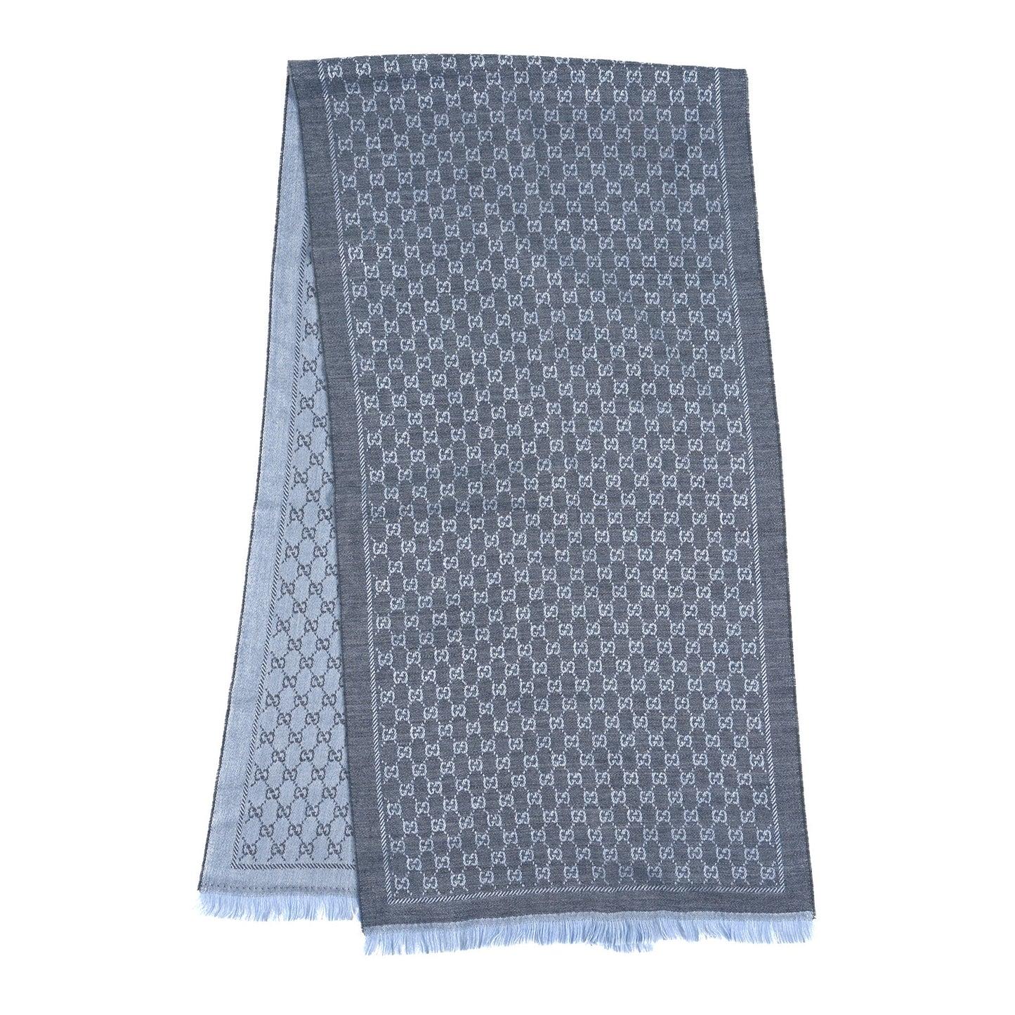 Wool GG Monogram Reversible New Sten Fringe Scarf Flannel Sky Blue