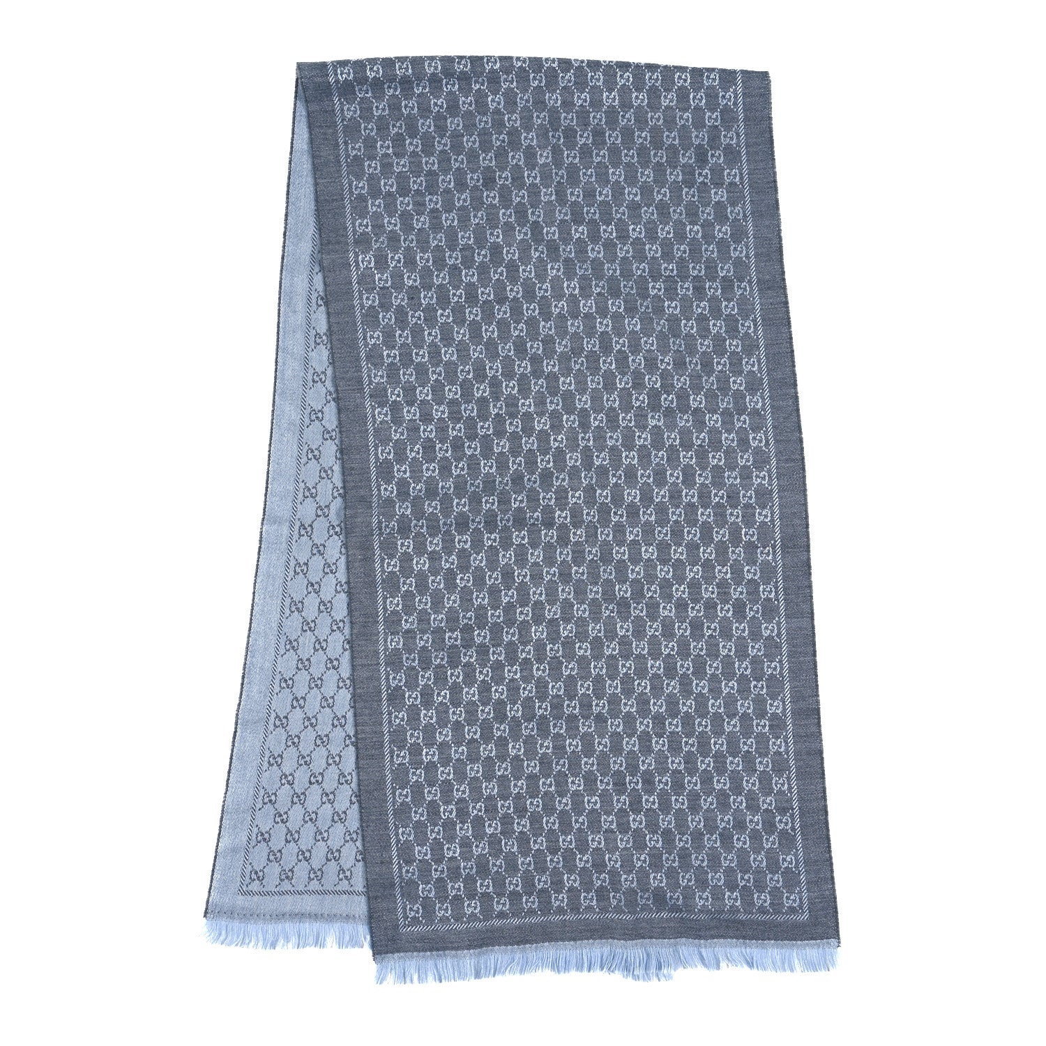 Gucci Wool GG Monogram Reversible New Sten Fringe Scarf Flannel Sky Blue 2 of 4