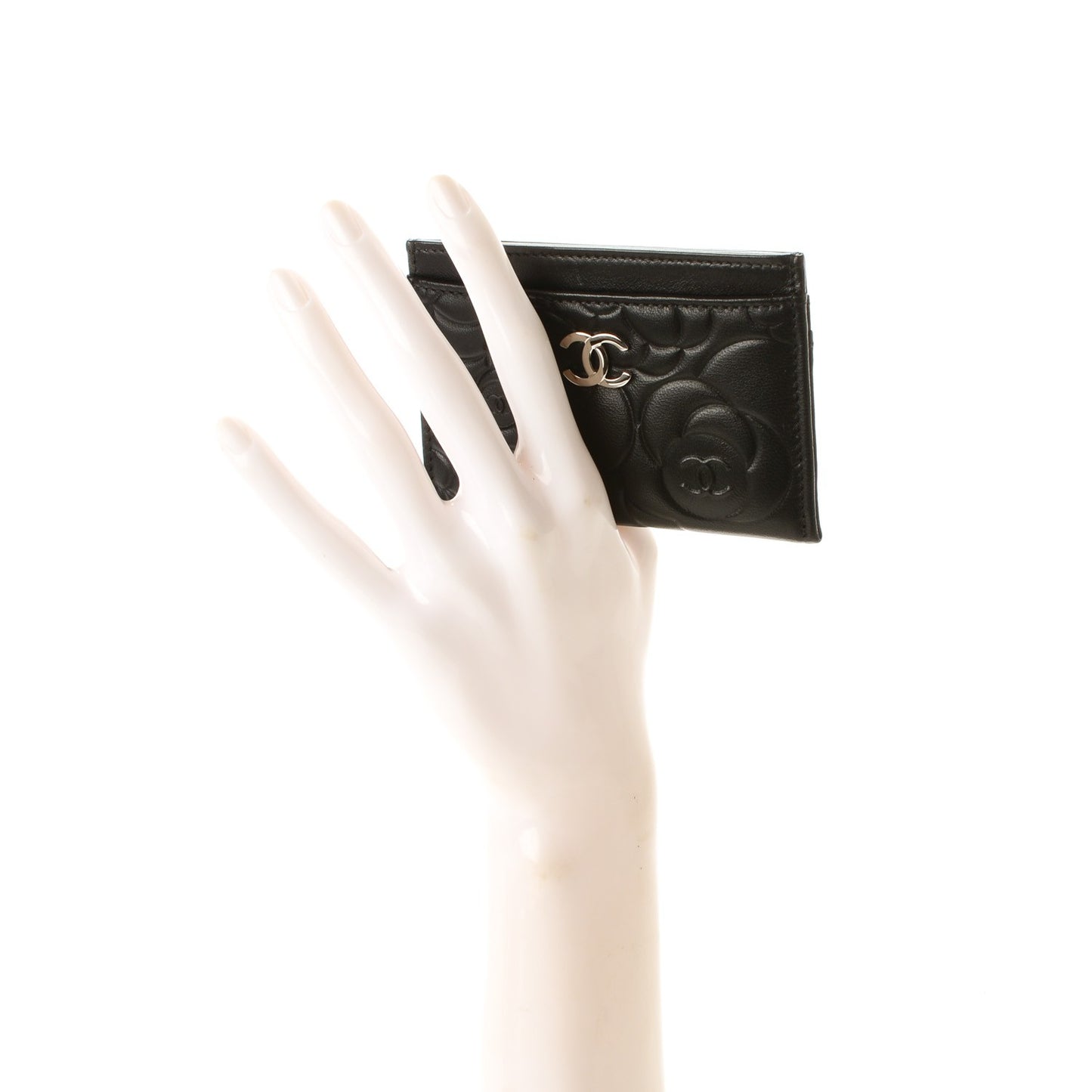 Lambskin Camellia Embossed Card Holder Black