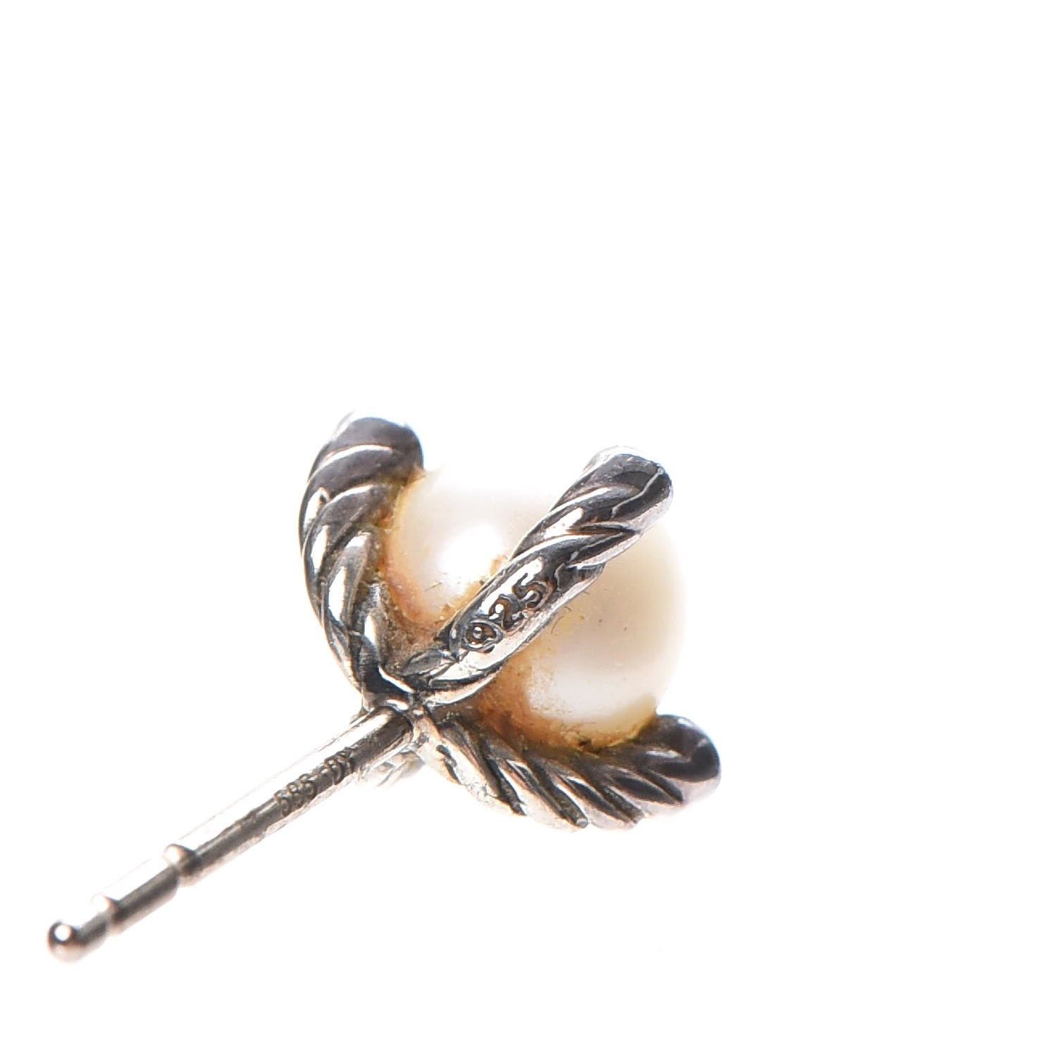 David Yurman Sterling Silver Diamond Pearl 7mm Earrings 6 of 8