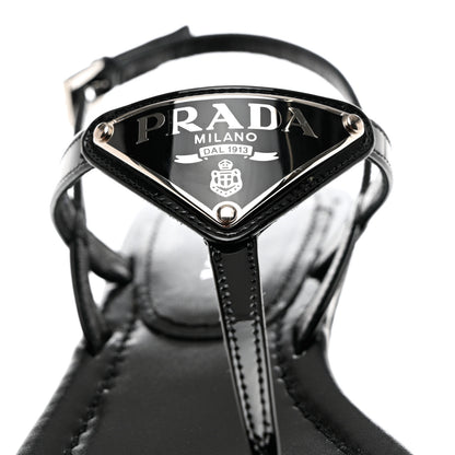 Prada Vernice Metal Triangle Logo Slingback Flat Thong Sandals 36 Black 7 of 9