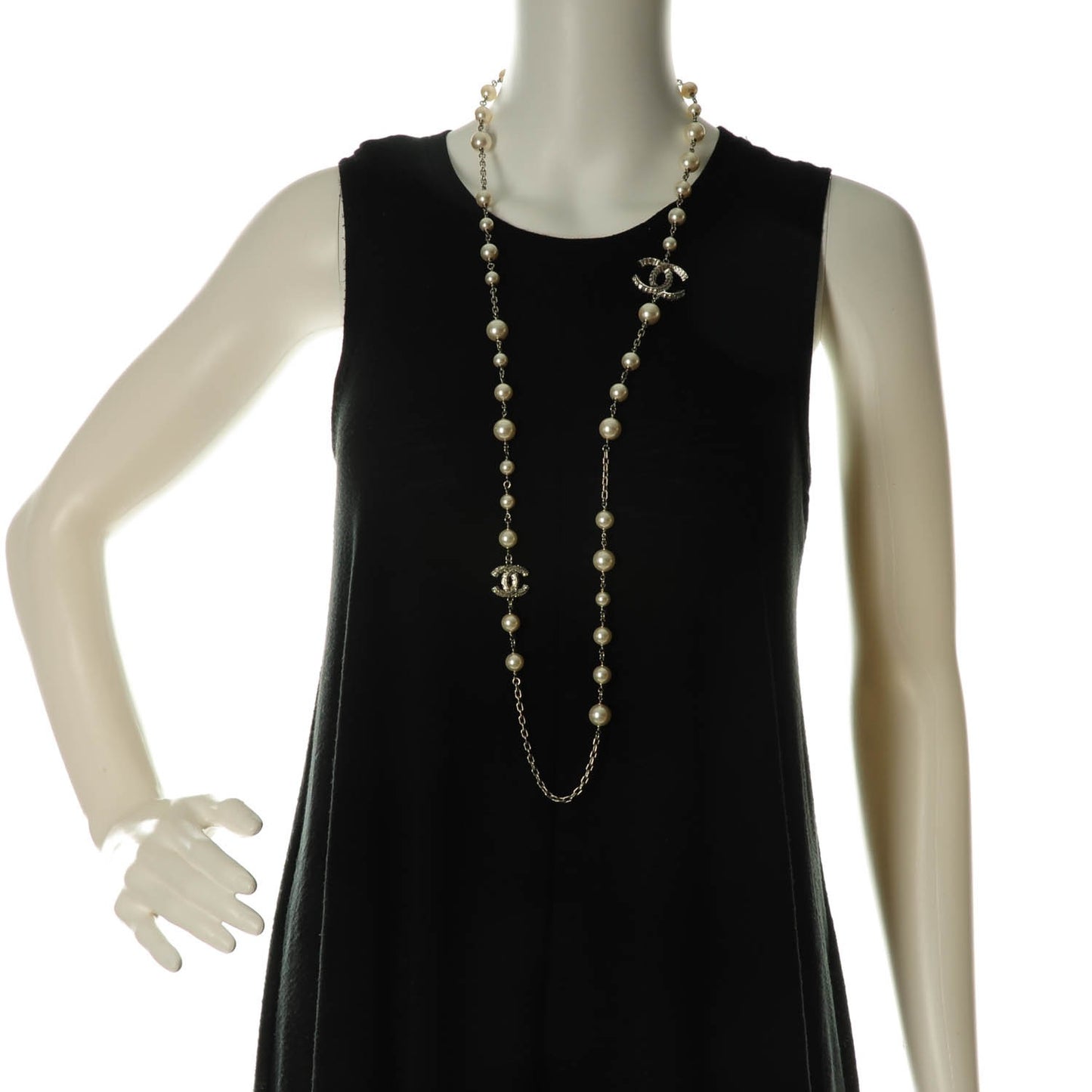 Pearl Baguette Crystal CC Long Necklace Silver