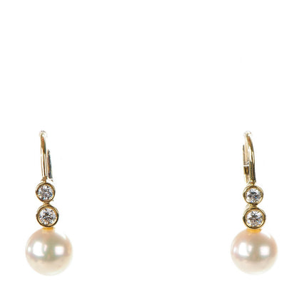 Mikimoto 18K Yellow Gold Diamond 7.5mm Pearl Drop Earrings 1 of 5