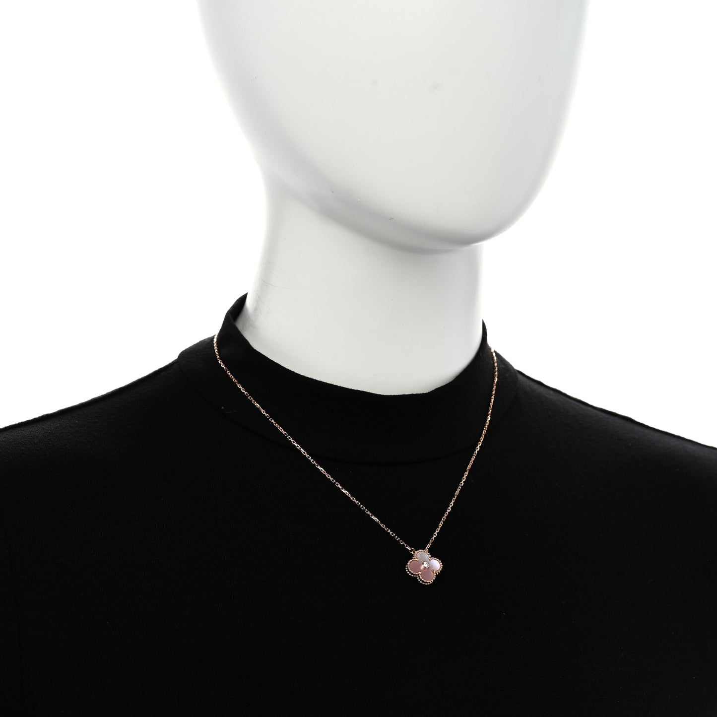 18K Rose Gold Diamond Pink Mother of Pearl Vintage Alhambra Pendant Necklace