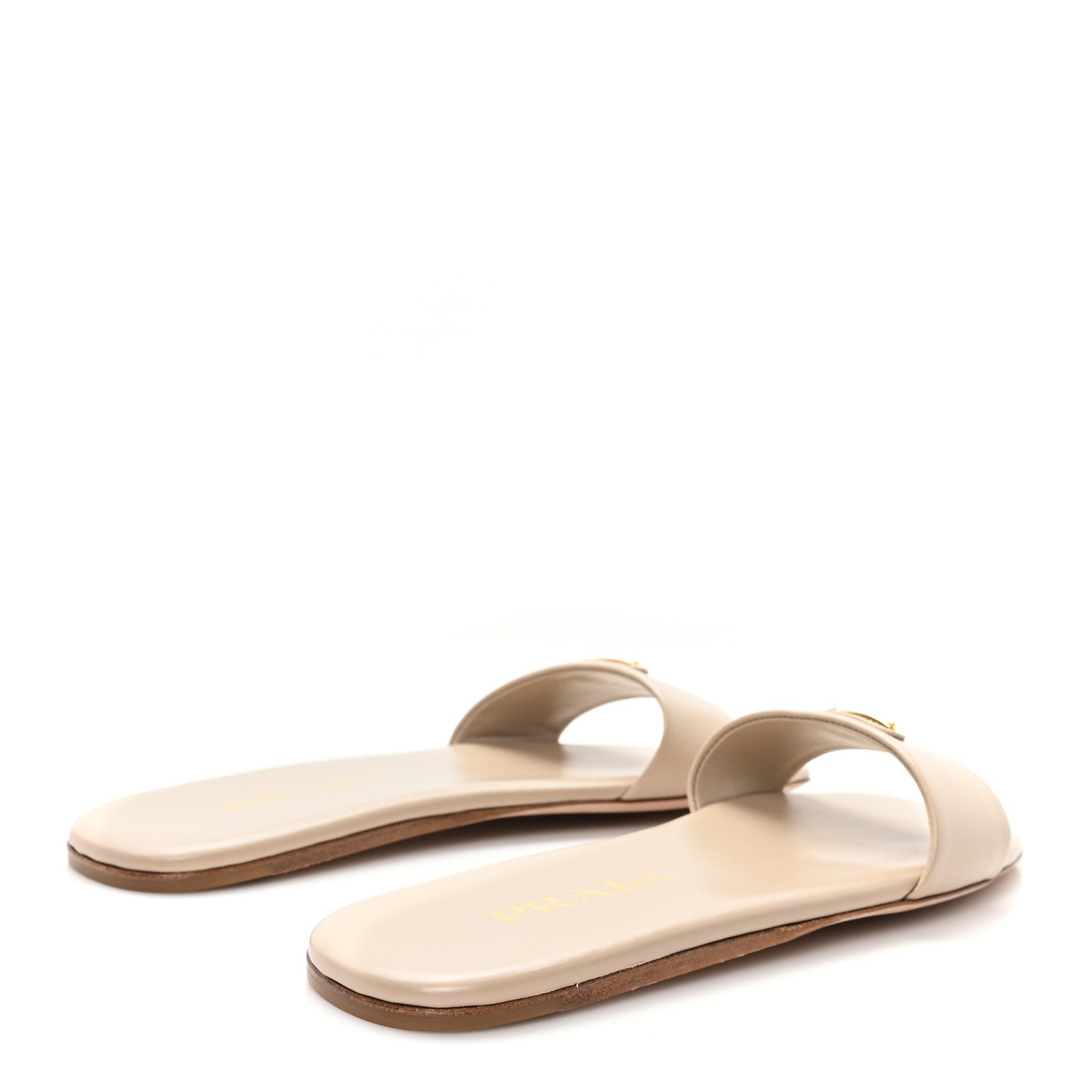 Prada Nappa Metal Triangle Logo Flat Slide Sandals 35 Travertino 5 of 9