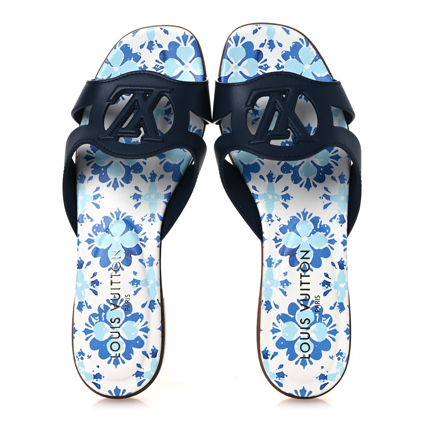 Calfskin Bloom LV Isola Flat Sandals 38 Navy