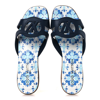 Louis Vuitton Calfskin Bloom LV Isola Flat Sandals 38 Navy 2 of 10