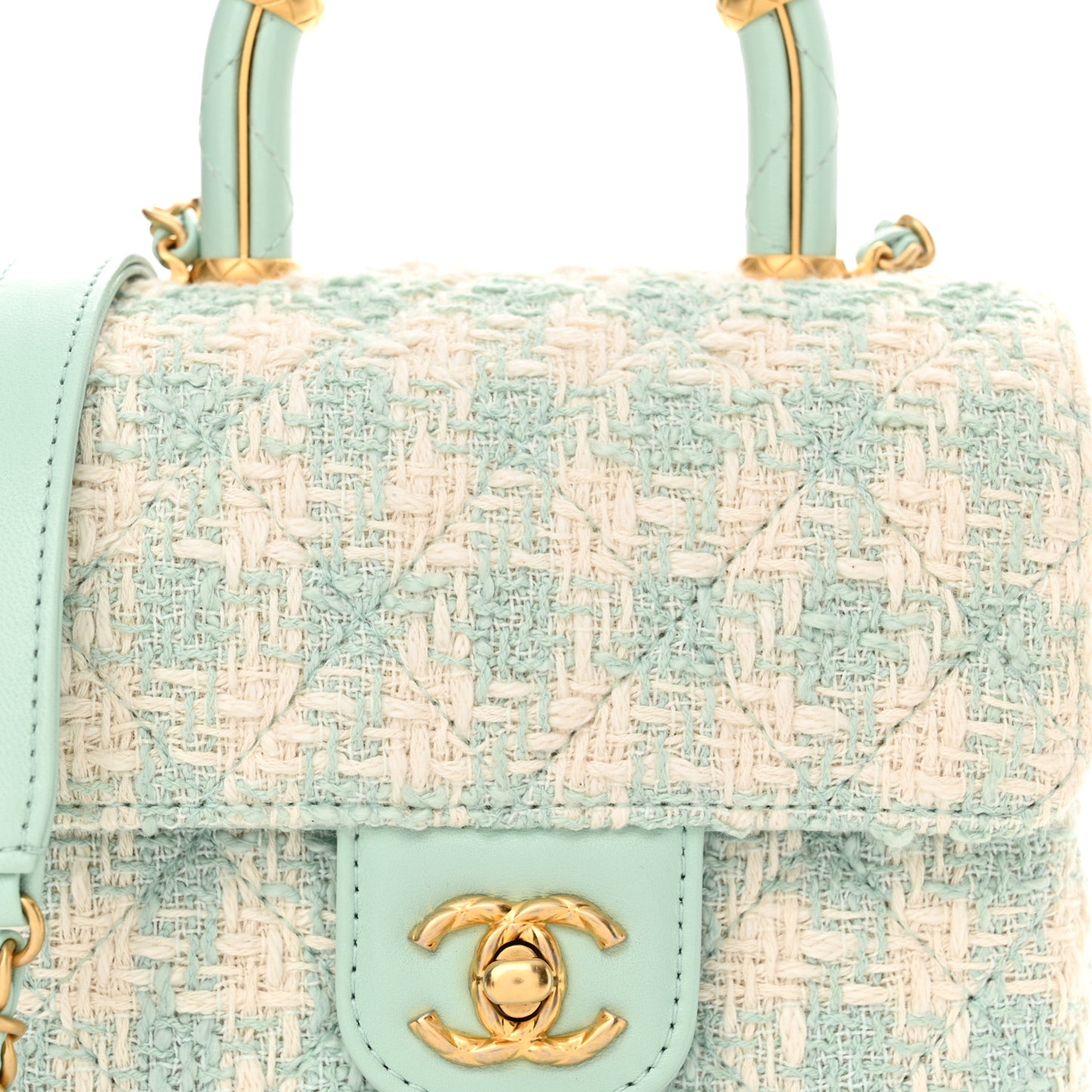 Tweed Handle Crush Top Handle Flap Bag Light Blue Ecru