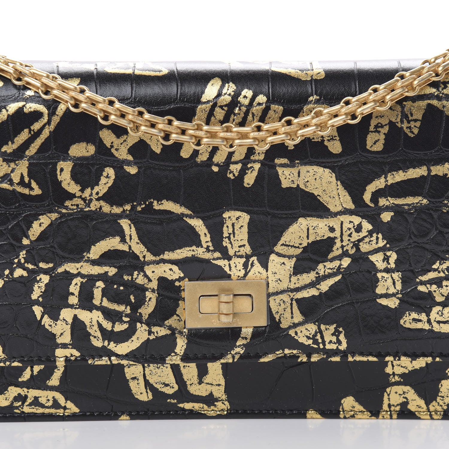 Chanel Calfskin Crocodile Embossed Graffiti 2.55 Cocodile Reissue Wallet On Chain WOC Black Gold 9 of 14