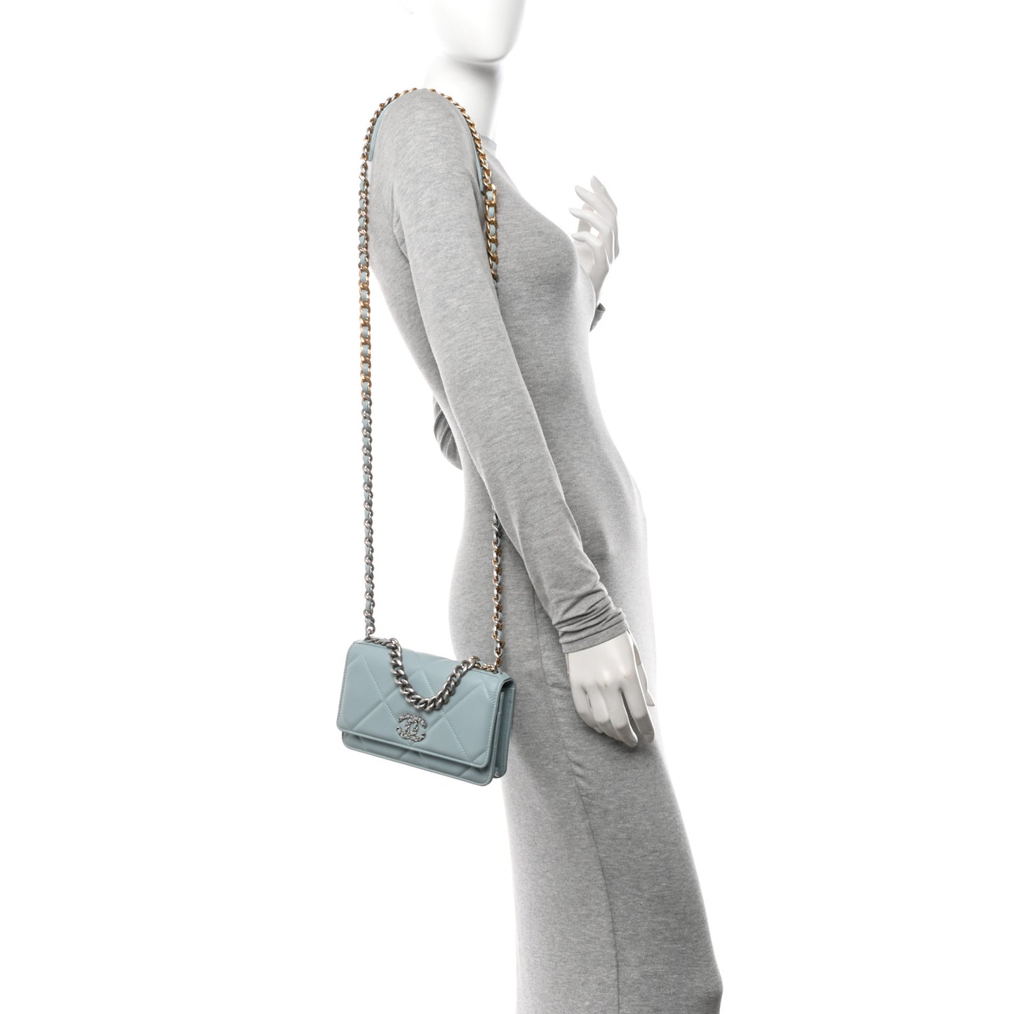 Lambskin Quilted Chanel 19 Wallet On Chain WOC Light Blue