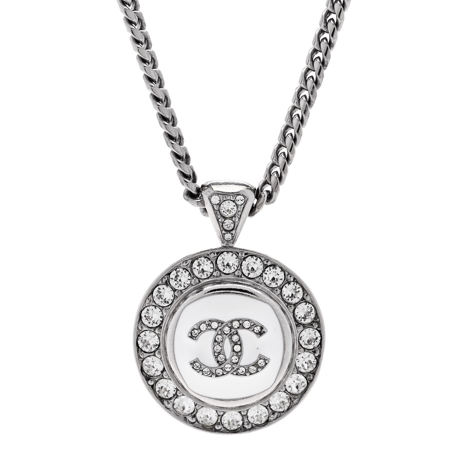 Chanel Crystal Enamel CC Pendant Necklace Silver White 4 of 6