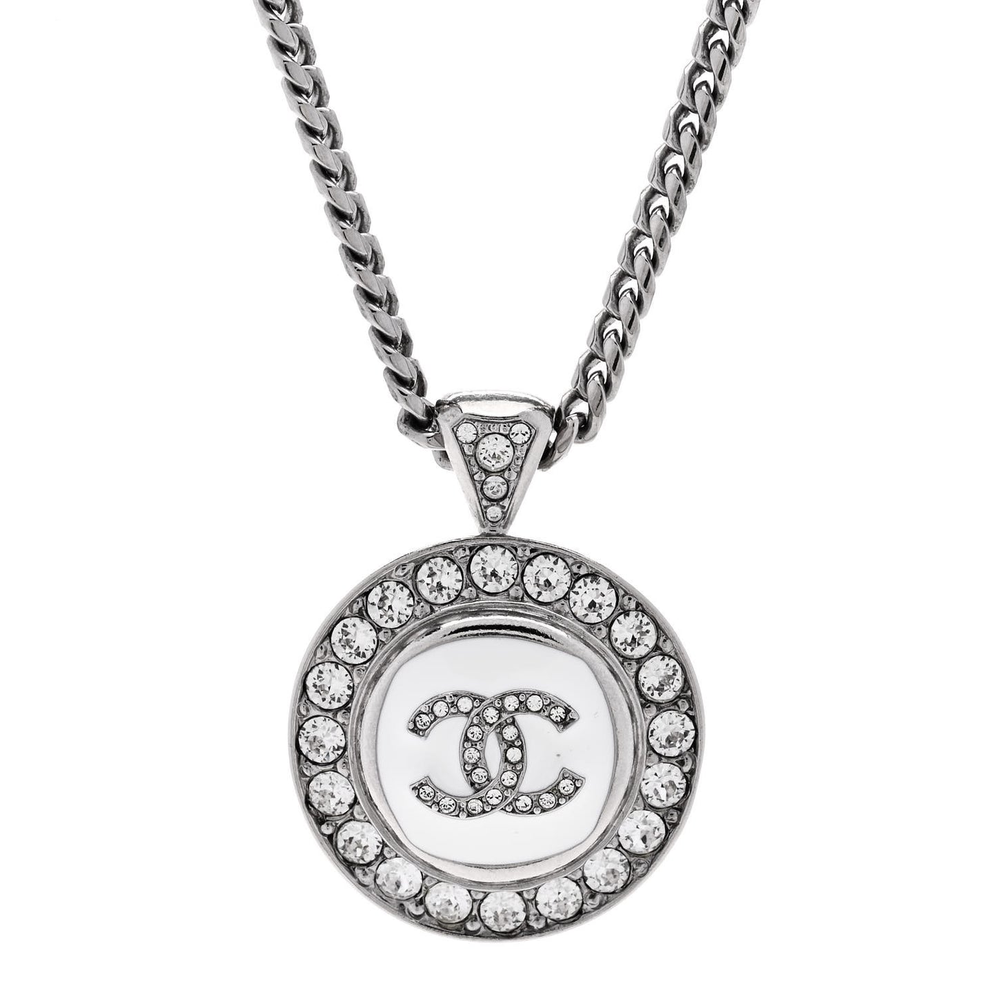 Crystal Enamel CC Pendant Necklace Silver White