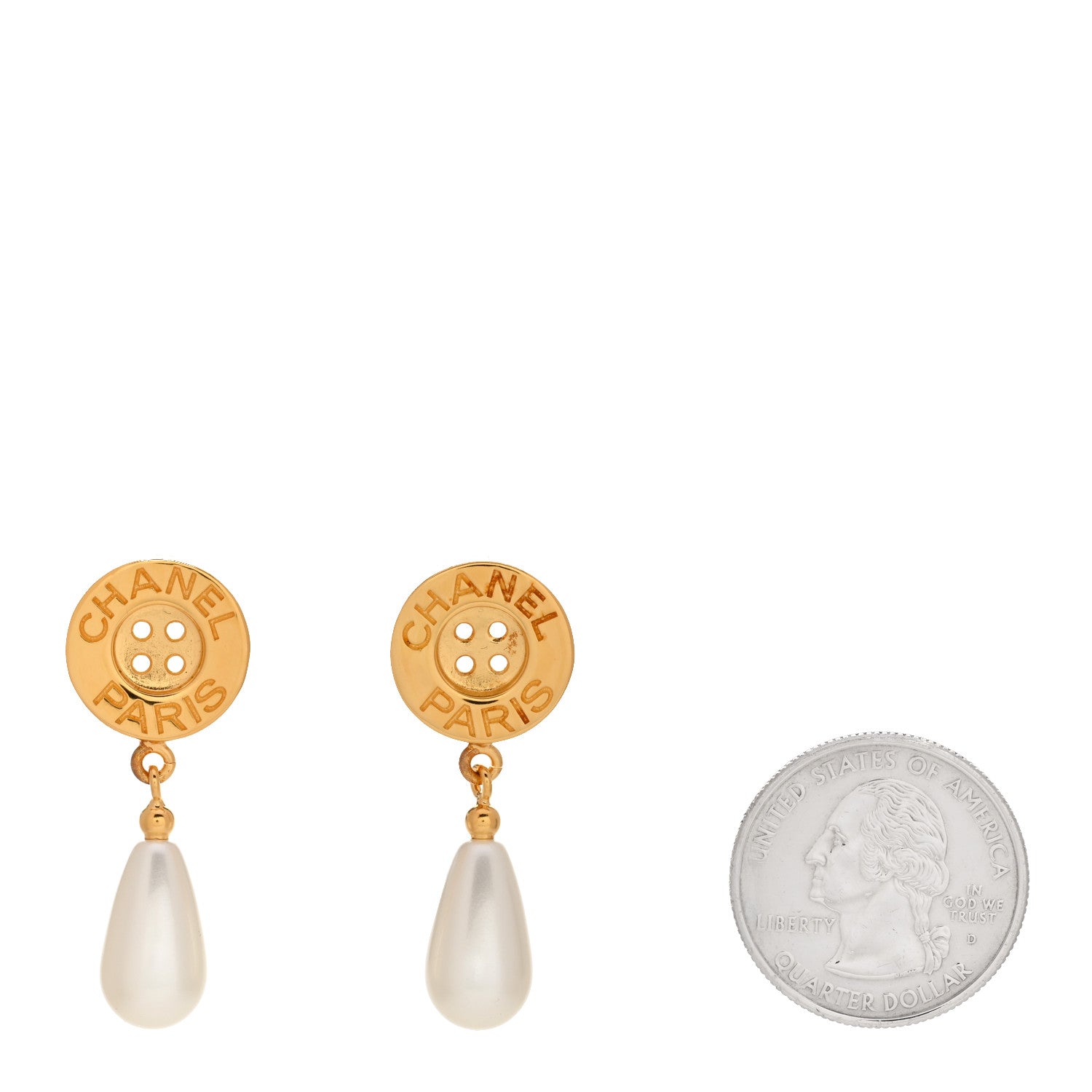 Chanel Metal Pearl Paris Button Drop Earrings Gold 2 of 5