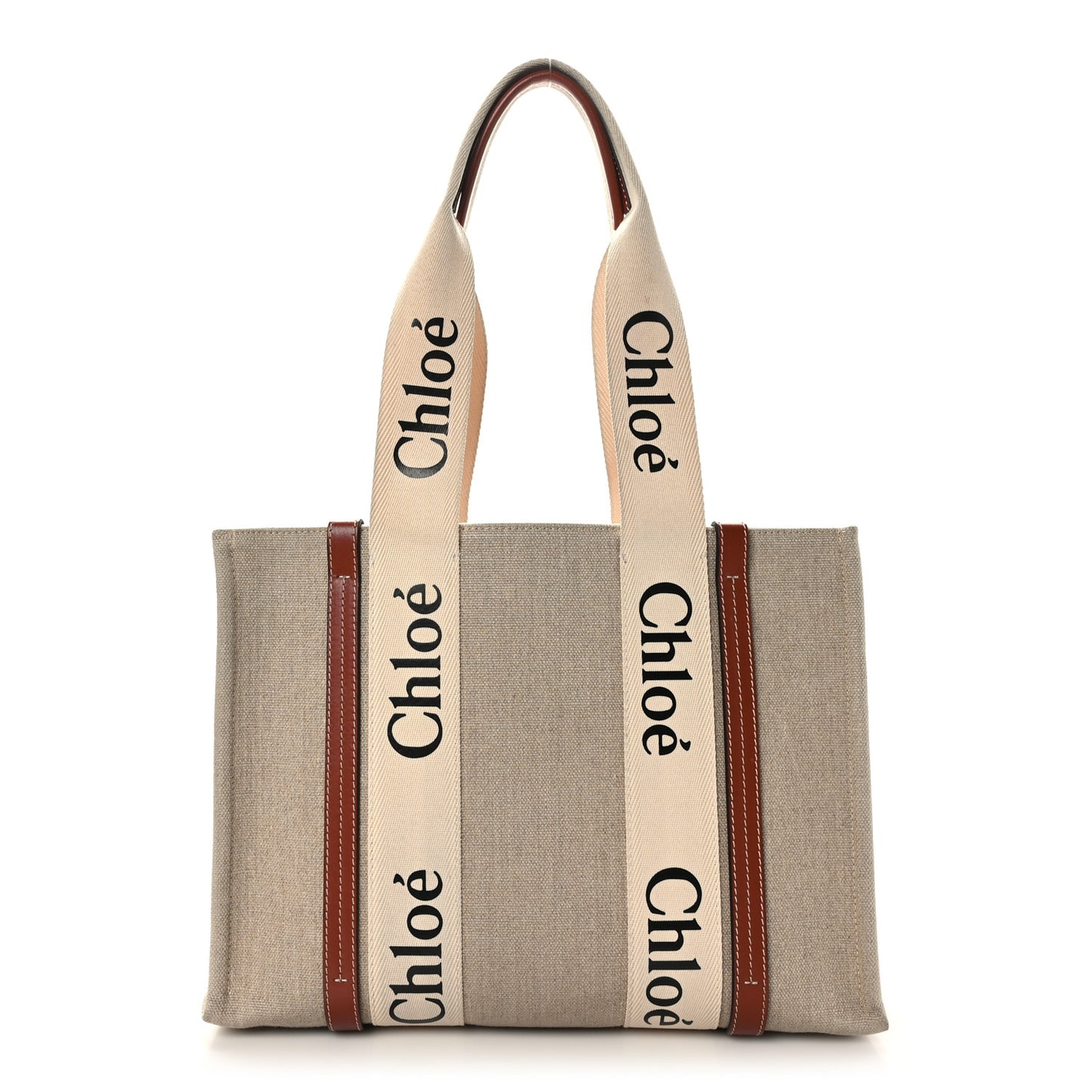 Linen Calfskin Medium Woody Ribbon Tote White Brown