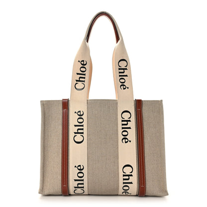 Chloe Linen Calfskin Medium Woody Ribbon Tote White Brown 1 of 9